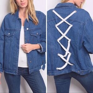 Lush Blue Cotton Denim‎ Jean Jacket Removable Lace Up Back Sz M